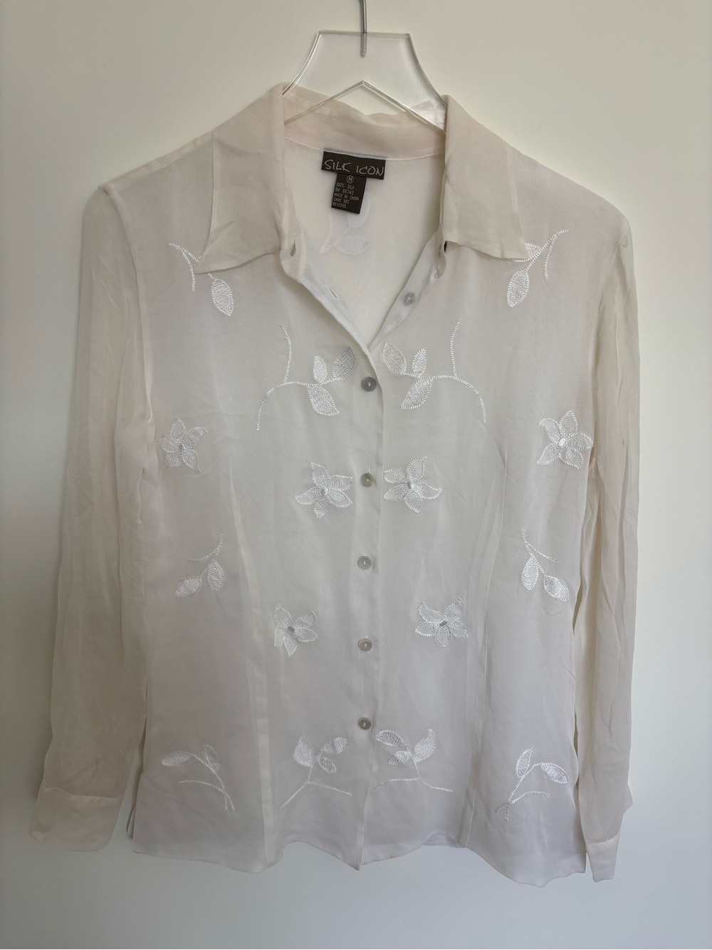 Silk Icon Sheer Embroidered Ivory Button-Up Blouse